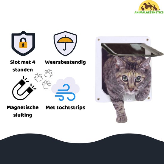 AnimalAesthetics® Kattenluik - Wit- M - Voor Middelgrote & Kleine Katten - Incl. Montageset en Handleiding
