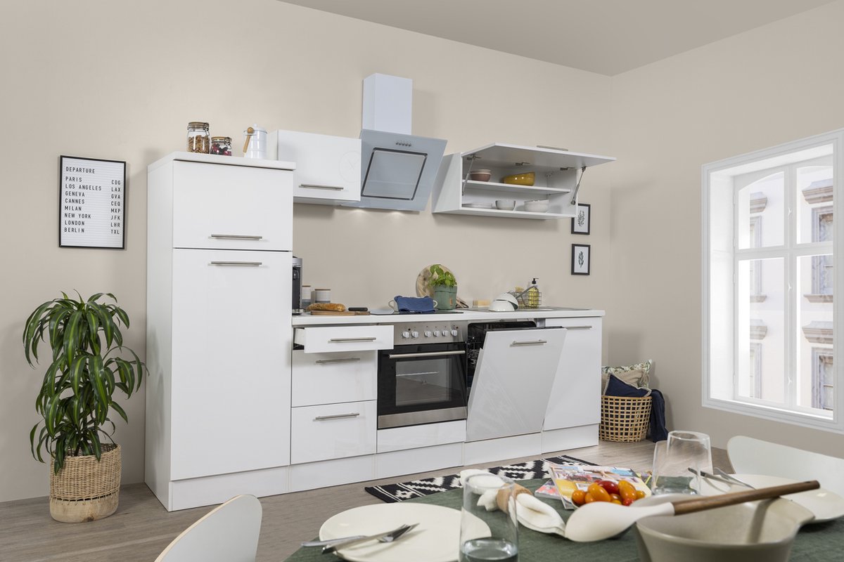 Goedkope keuken 280 cm - complete keuken met apparatuur Amanda - Wit/Wit - soft close - keramische kookplaat - vaatwasser - afzuigkap - oven - spoelbak