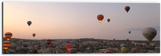 WallClassics - Dibond - Luchtballonnen boven Bergachtig Landschap - 60x20 cm Foto op Aluminium (Wanddecoratie van metaal)