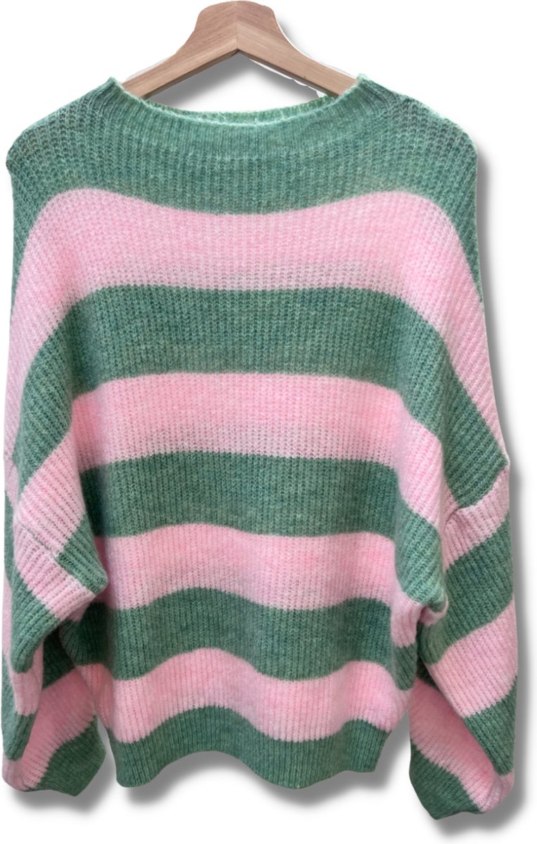 Lundholm Sweater Dames trui zacht roze groen gestreept - gebreide truien dames oversized trui dames knitted scandinavische trui dames | Lundholm Linköping collectie