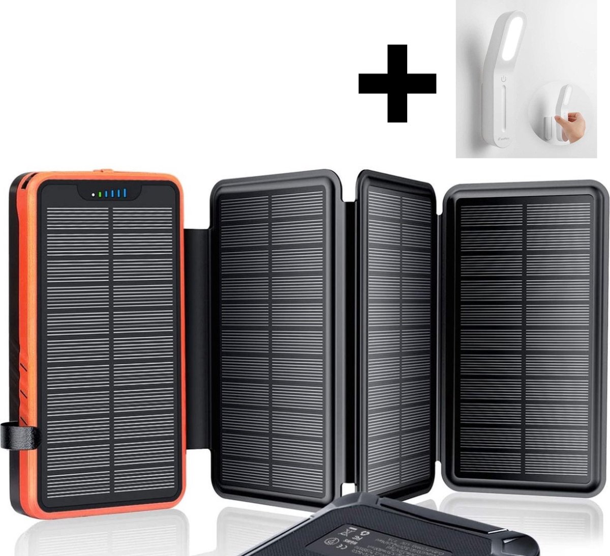 IEsafy Solar PowerBank 26800mAh inclusief nachtlamp - Oplader op zonne-energie met 4 zonnepanelen - Met zaklamp - 2x 5 V 2,1 A USB-poorten, externe accu, compatibel voor smartphones - Oranje