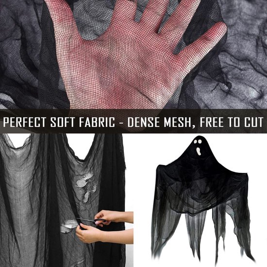 Tissu fantasmagorique Halloween Zwart , 200 x 500 cm, fil de coton noir pour décoration gothique, super grand tissu fantôme pour décoration d'Halloween, table, porte de maison, décoration de fenêtre, décoration de terreur de party d'Halloween