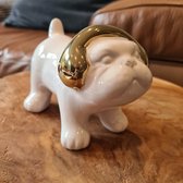Beelden En Beeldjes | Hond met helm | wit en golden | Animal figure | beeldje dieren | Bull Dog | Ornamenten Keramiek | Decoraties Voor Thuis