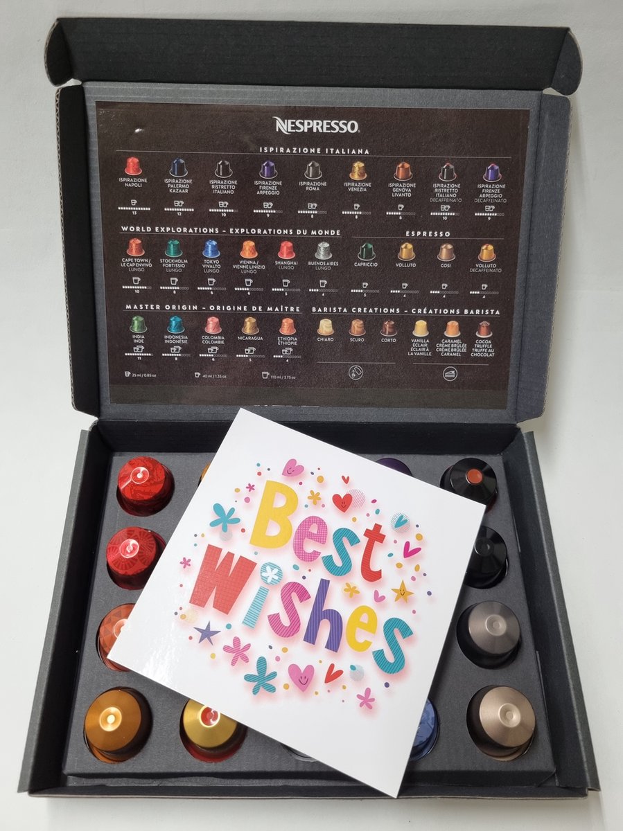 Koffie Proeverij Pakket 20 stuks verschillende smaken met Mystery Card 'Best Wishes' met persoonlijke (video) boodschap | Verjaardag | Sinterklaas | Kerstpakket | Vaderdag | Moederdag | Jubileum | Valentijnsdag