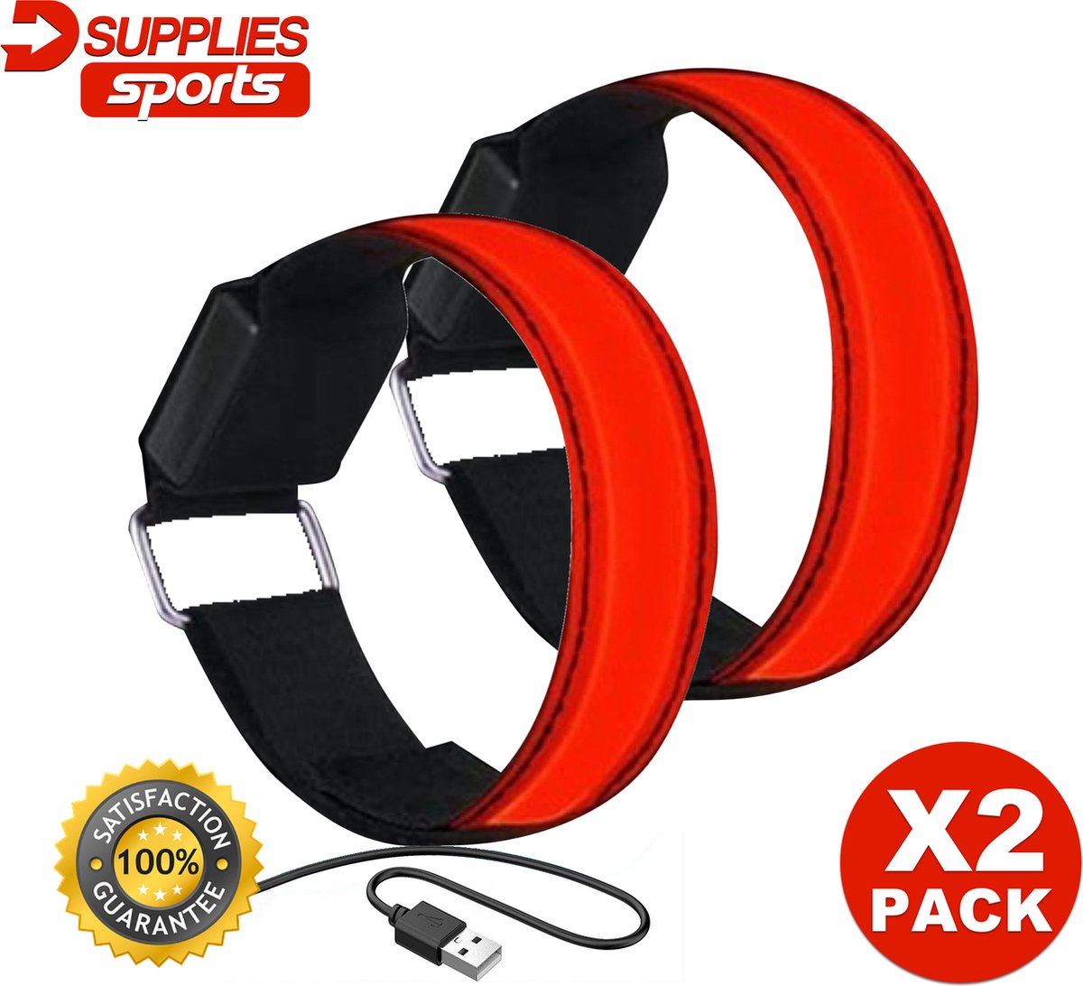 D-Supplies® | LED Veiligheidsband - Hardloop verlichting - 2-pack - Rood - oplaadbaar met USB - verlichting - reflecterend - hardlopen - fietsen - sporten