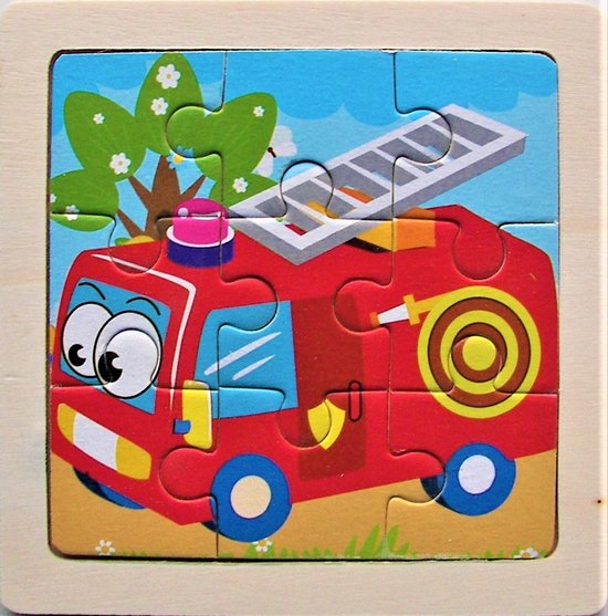 Houten puzzel - Brandweer Auto - 9 delig - 11x11 cm - Montessori