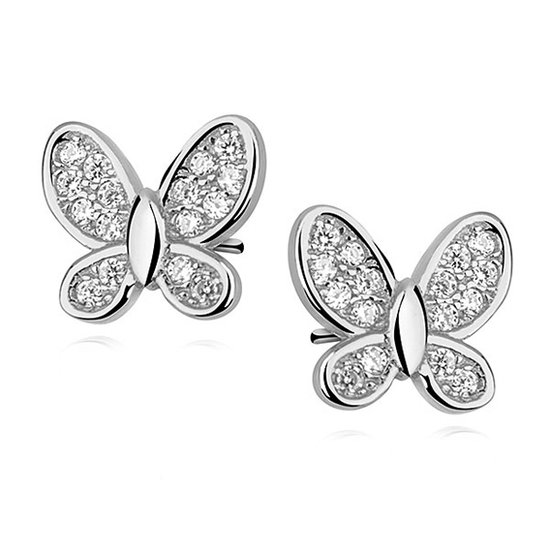 Joy|S - Zilveren vlinder oorbellen - 8 mm - zirkonia - gehodineerd