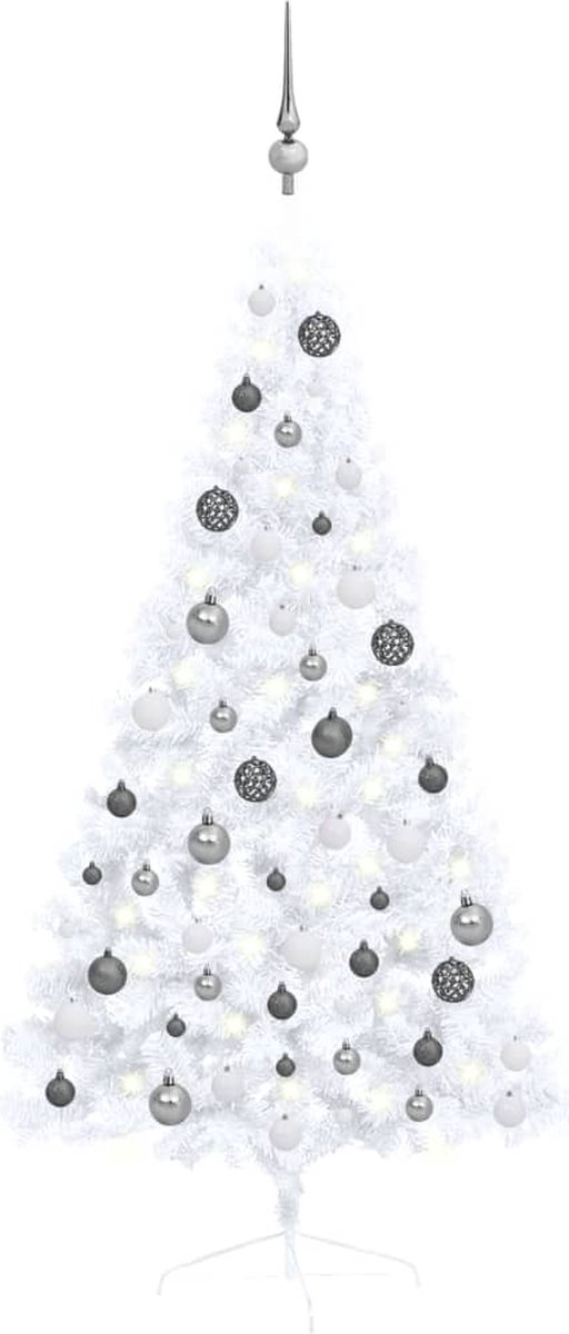 Prolenta Premium - Kunstkerstboom met LED's en kerstballen half 150 cm wit
