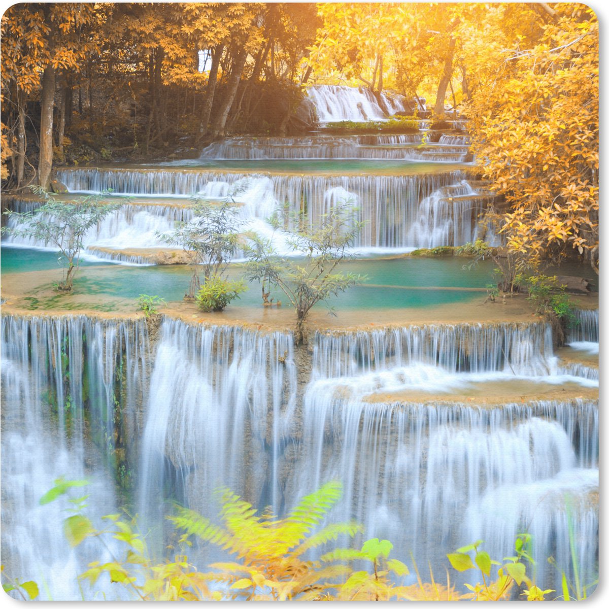 Muismat 20x20 cm - Mousepad Waterval - Herfst - Bomen - Bruin - Water - Muismatten