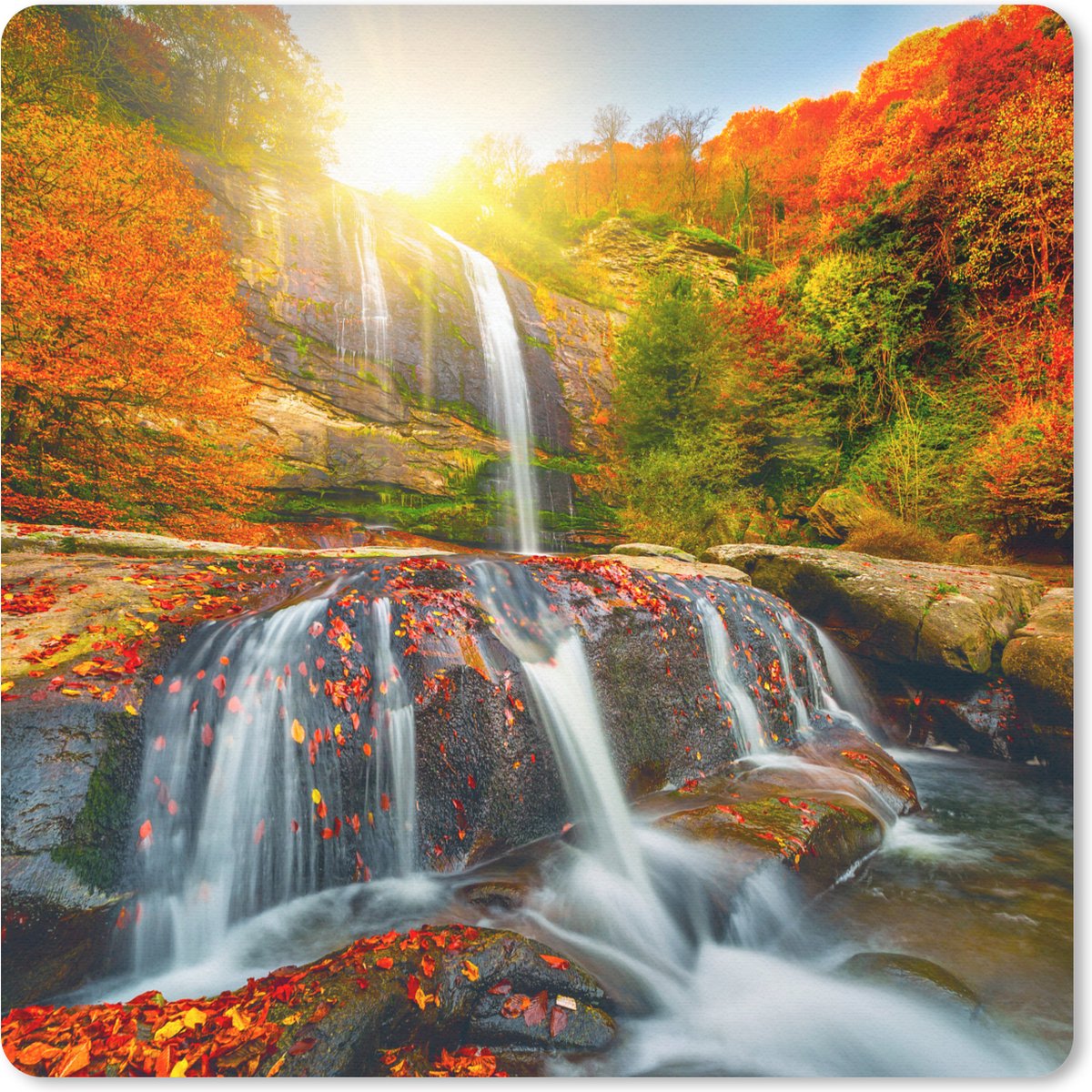 Muismat 30x30 cm - Mousepad Waterval - Natuur - Herfst - Rood - Water - Muismatten