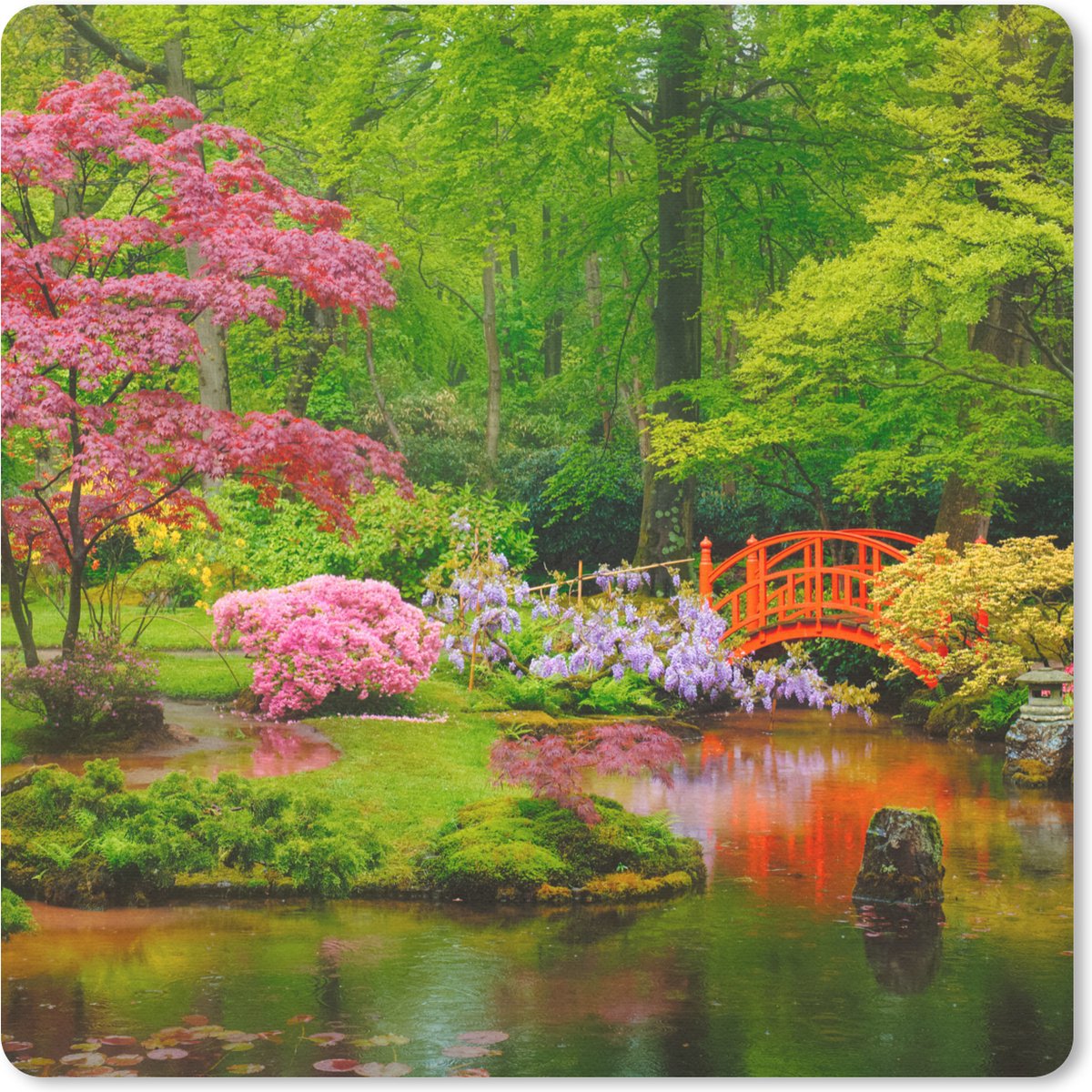 Muismat 20x20 cm - Mousepad Brug - Japans - Botanisch - Bomen - Bloemen - Muismatten
