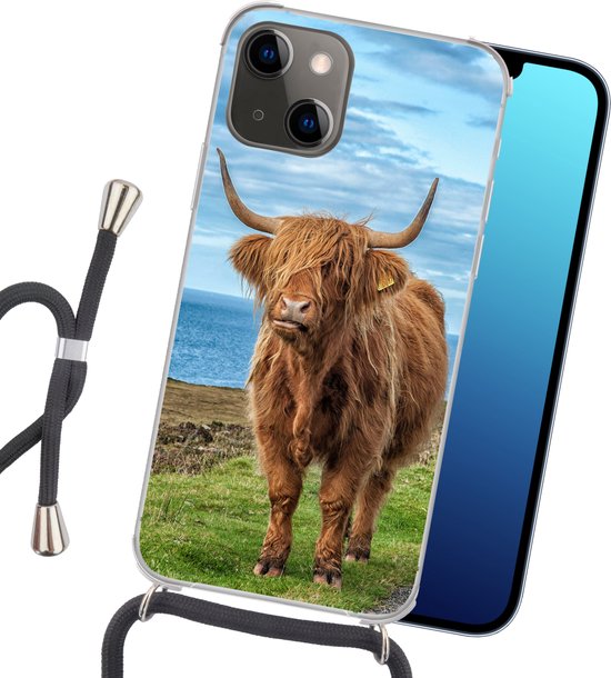 Coque avec cordon iPhone 13 Mini - Highlander écossais - Water - Cornes - Siliconen - Bandoulière - Coque arrière avec cordon - Coque pour téléphone avec cordon - Coque avec corde