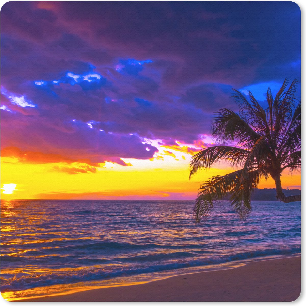 Muismat 30x30 cm - Mousepad Palmboom - Paars - Zonsondergang - Strand - Zee - Muismatten