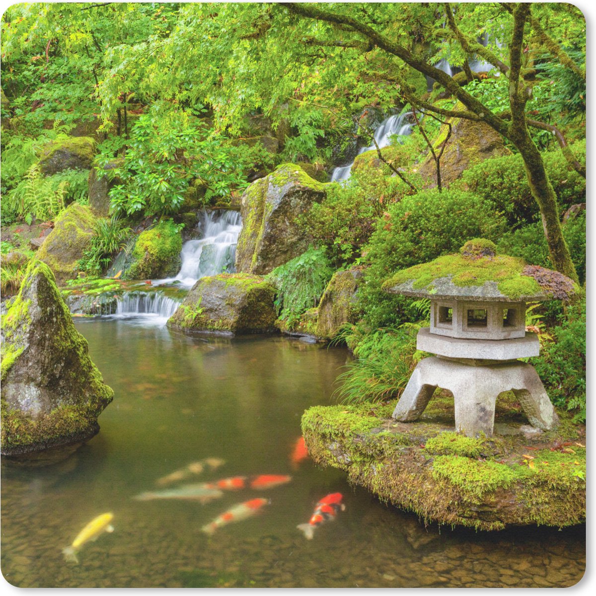 Muismat 20x20 cm - Mousepad Waterval - Koi - Japanse lantaarn - Mos - Water - Muismatten