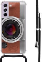 Hoesje met koord - Geschikt voor Samsung Galaxy S21 FE - Vintage camera - Verstelbaar zwart koord - Crossbody - Print / Illustratie - Bruin, Transparant - Leuke Telefoonhoesjes