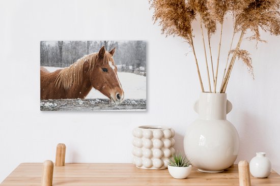 Tableau sur toile Cheval - Flocon de neige - Clôture - Hiver - 30x20 cm - Décoration murale