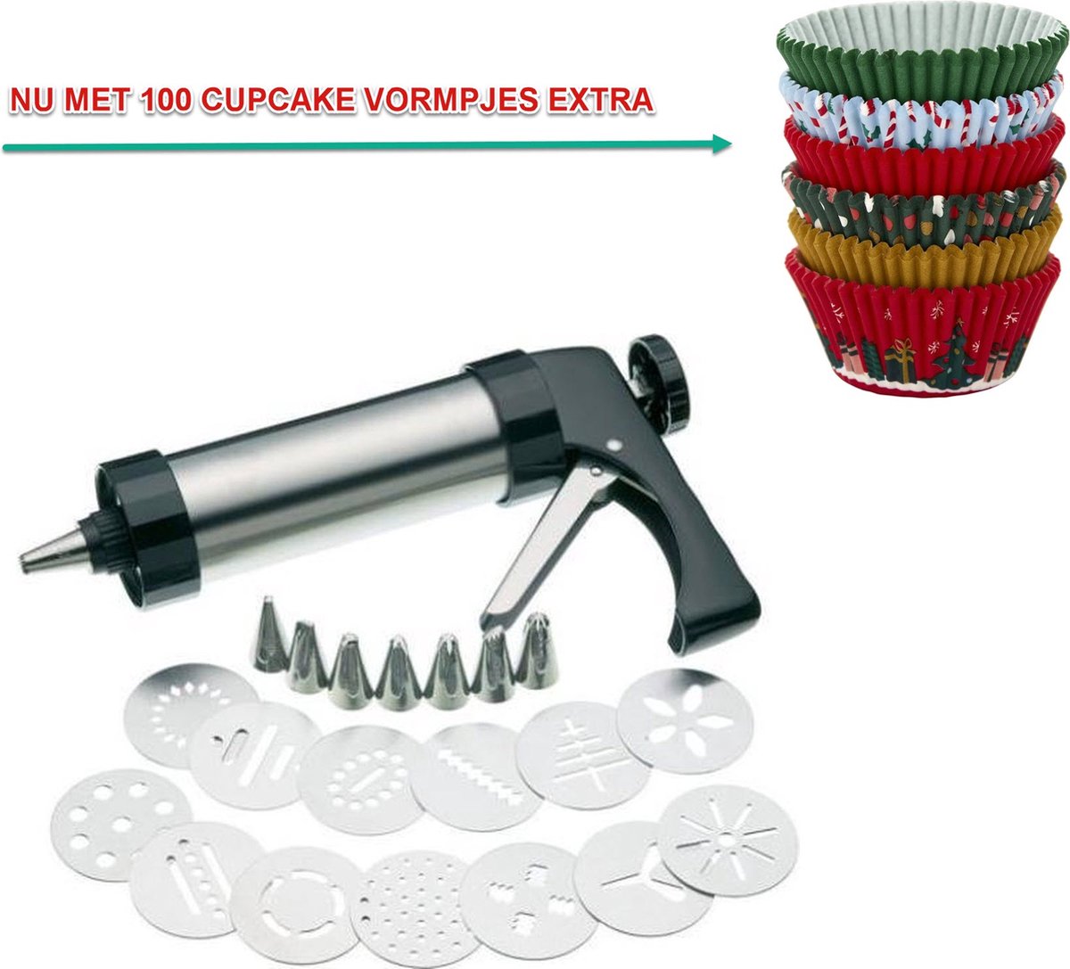 Koekjespistool met extra cupcake vormpjes- Zwart - Koekjespers - Koekvorm met 8 spuitmondjes