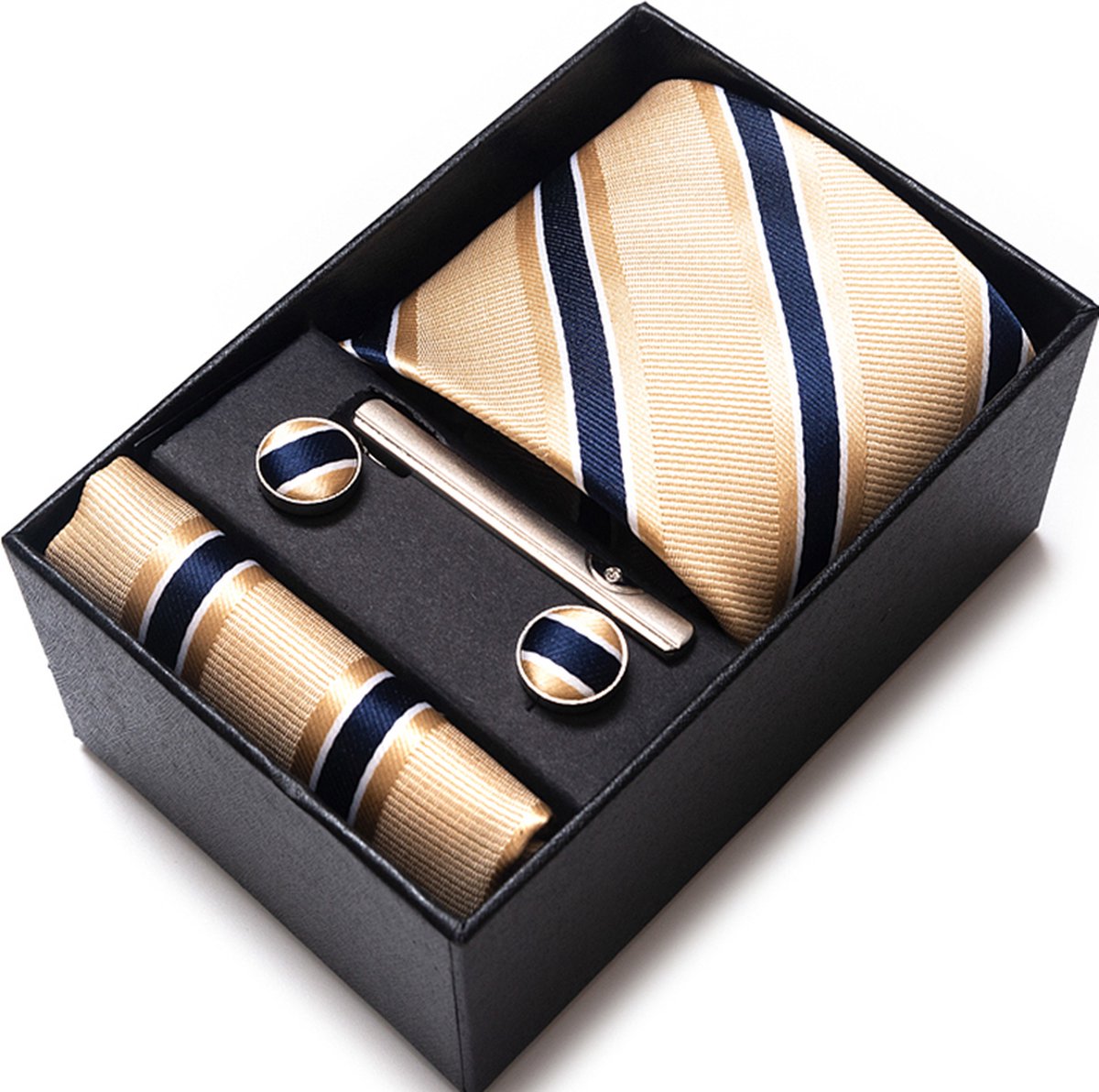 Stropdas set met pochet GOUD met blauw - Das inclusief pochet, manchetknopen en dasspeld - Zeer luxe kwaliteit - Cadeau - Verschillende kleuren