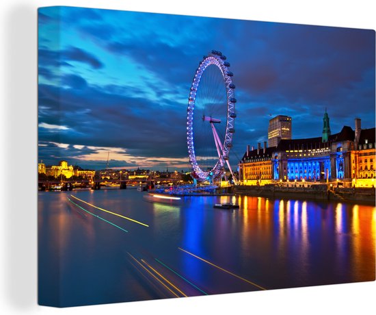 Gekleurde gebouwen en de London Eye in de avond in Londen Canvas 140x90 cm - Foto print op Canvas schilderij (Wanddecoratie woonkamer / slaapkamer)