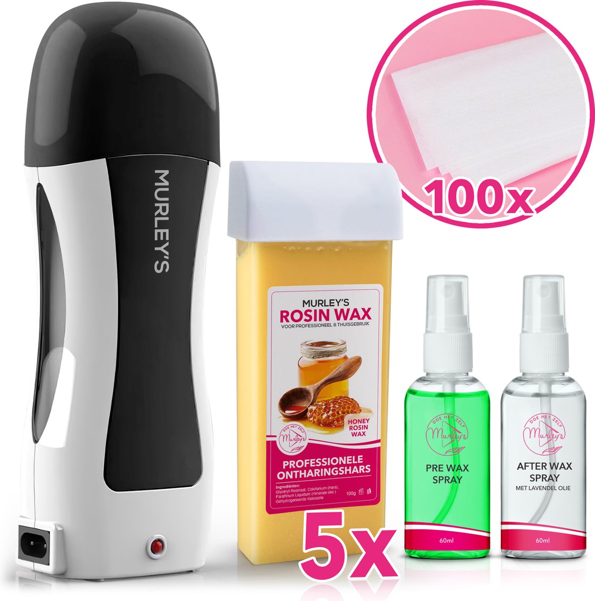MURLEY'S Wax Apparaat Roll-On Rosin Wax Ontharing Set met 5x Cartridges Before en After Sprays 100 Strips- Voor Lichaam en Gezicht - Zwart