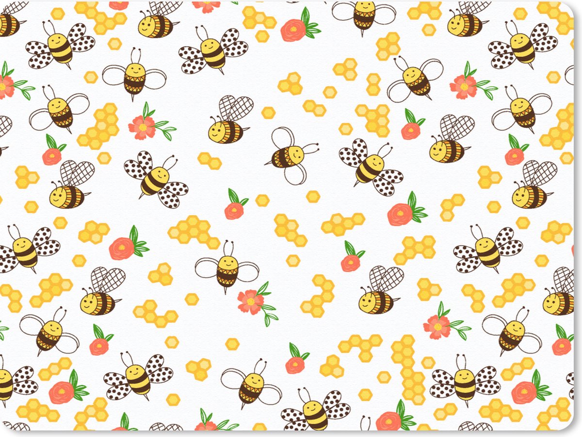 Muismat Groot - Honing - Bij - Bloemen - Patronen - Lente - 40x30 cm - Mousepad - Muismat