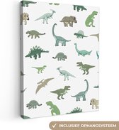 Canvasdoek kinderen - Wanddecoratie kinderkamers - Dino's - Patroon - Groen - Wit - Kinderen - Wanddecoratie jongens - Wanddecoratie meisjes - Canvas schilderij dino - 90x120 cm