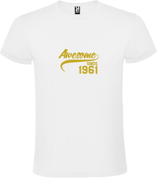 Wit T-Shirt met “Awesome sinds 1961 “ Afbeelding Goud Size XS