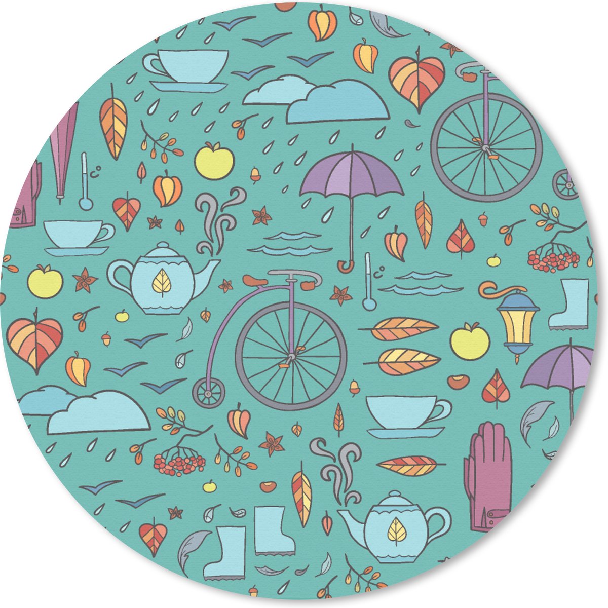 Muismat rond 20x20 cm - Mousepad Herfst - Patroon - Fiets - Regen - Ronde muismatten