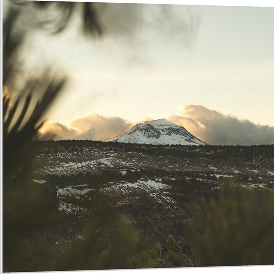 WallClassics - PVC Schuimplaat- Witte Sneeuwberg in Landschap met Wolken - 80x80 cm Foto op PVC Schuimplaat