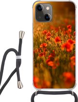 Hoesje met koord Geschikt voor iPhone 13 Mini - Oranje gloed over de Klaprozen in het veld - Siliconen - Crossbody - Backcover met Koord - Telefoonhoesje met koord - Hoesje met touw
