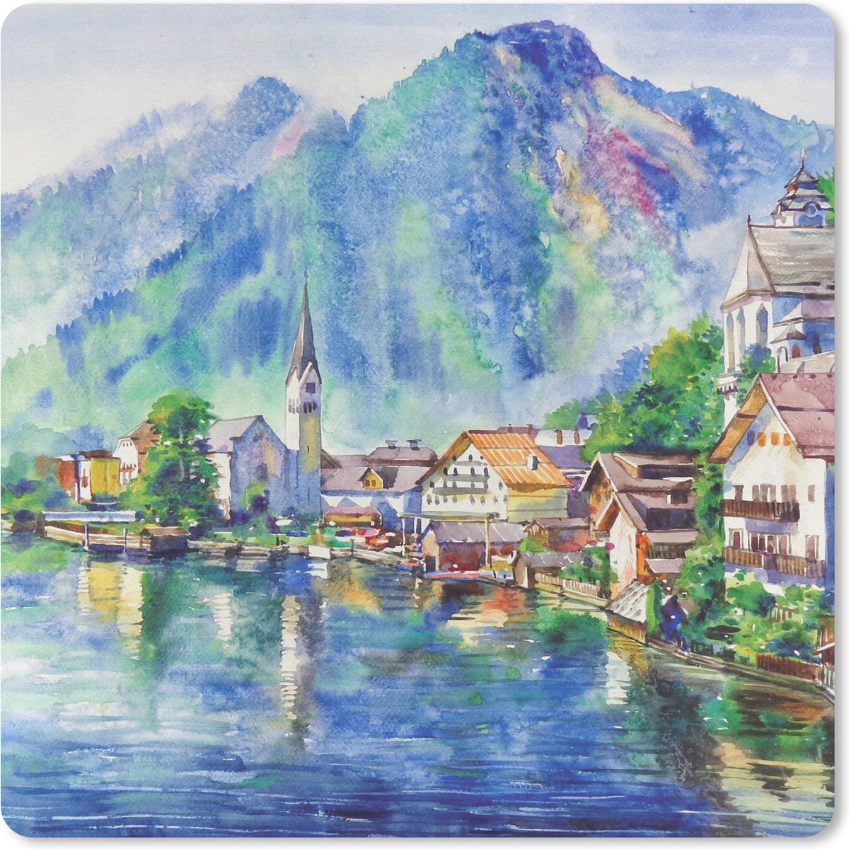 Muismat 30x30 cm - Mousepad Schilderij - Olieverf - Huis - Bergen - Water - Muismatten