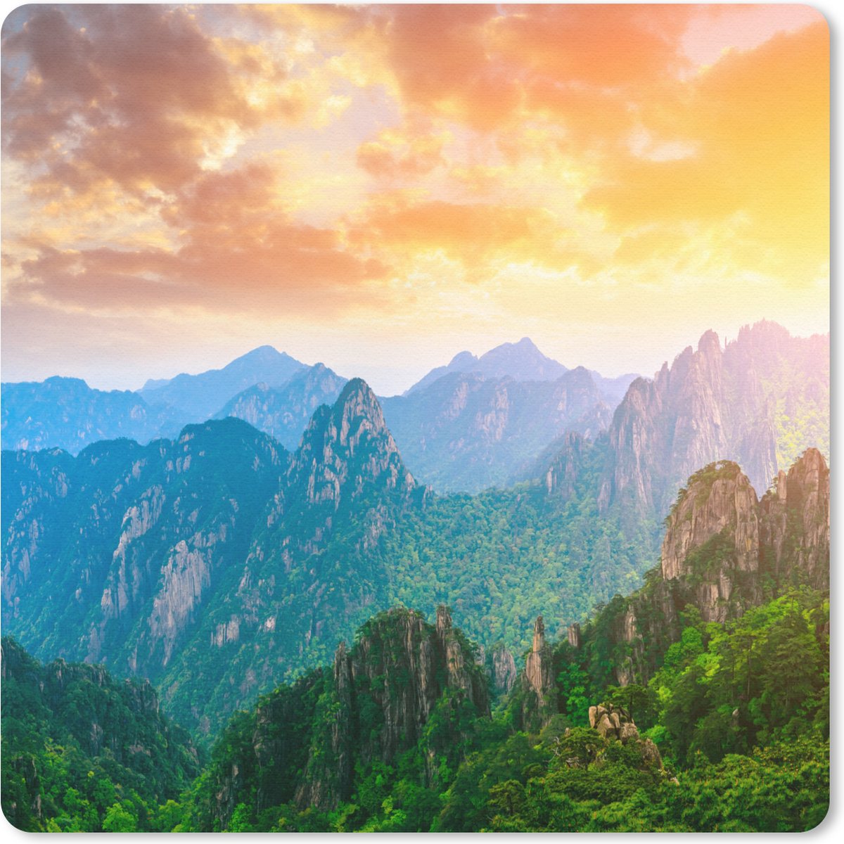 Muismat 30x30 cm - Mousepad Bergen - Bomen - Zonsondergang - Natuur - Muismatten