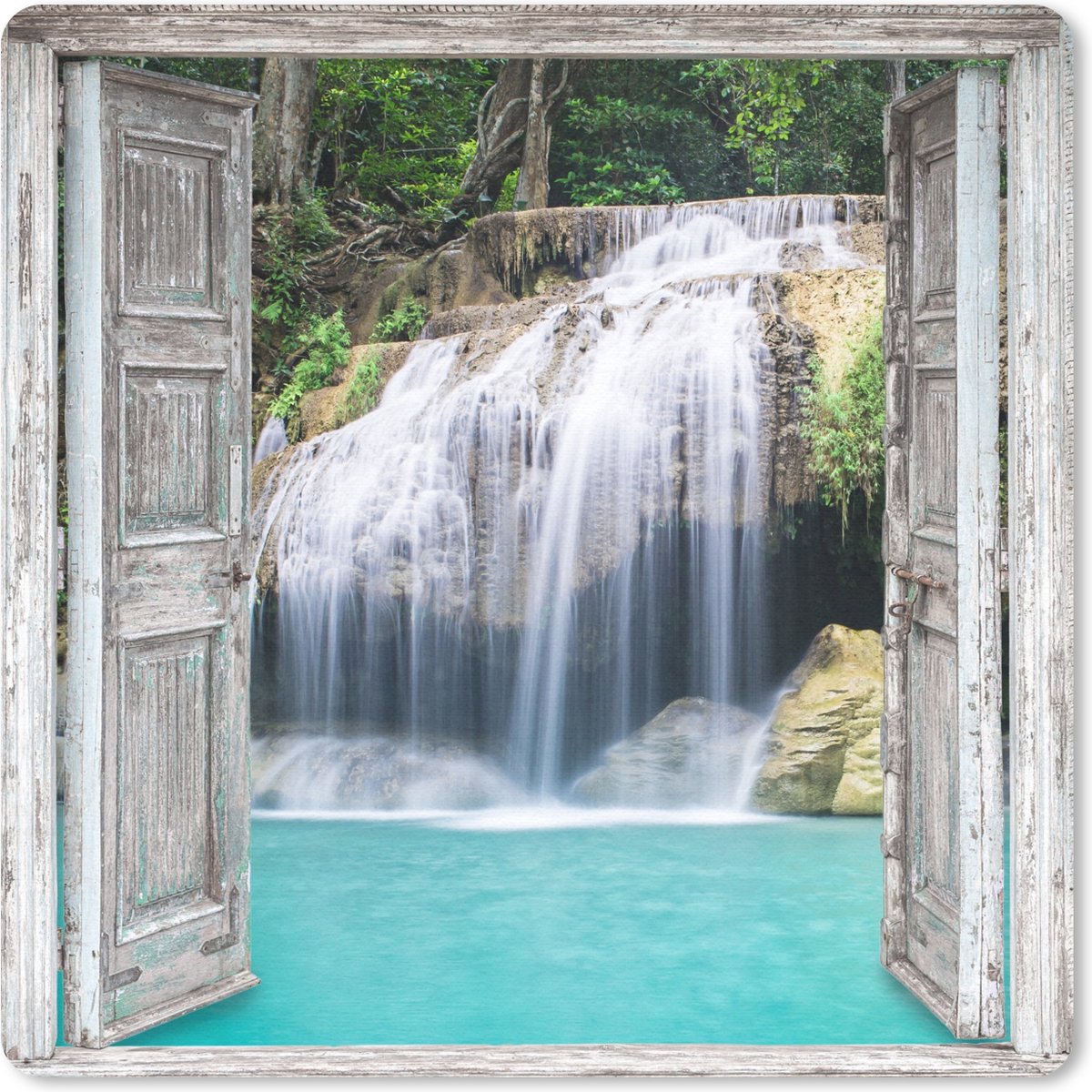 Muismat 20x20 cm - Mousepad Doorkijk - Waterval - Natuur - Landschap - Muismatten