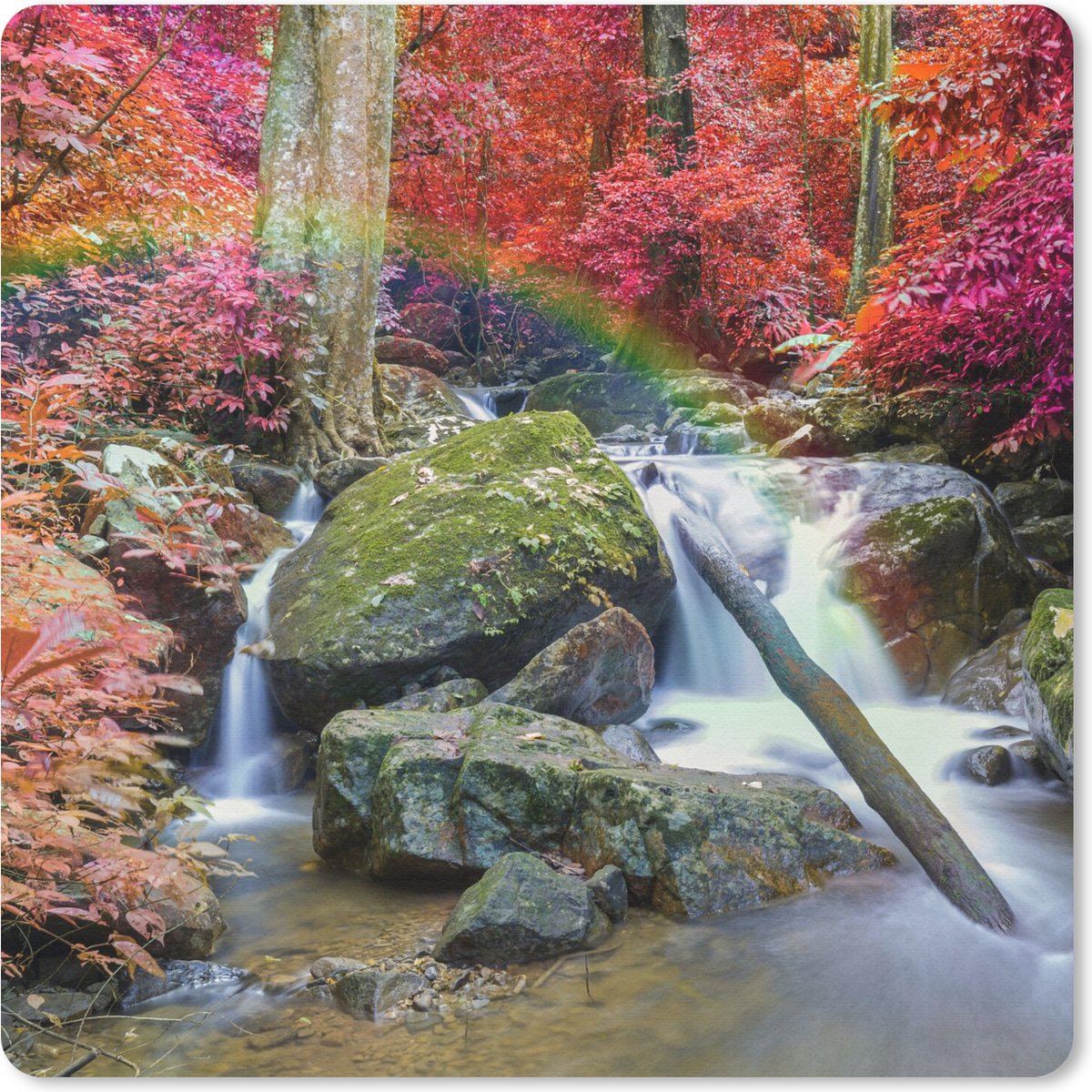 Muismat 20x20 cm - Mousepad Regenboog - Waterval - Bomen - Stenen - Mos - Muismatten