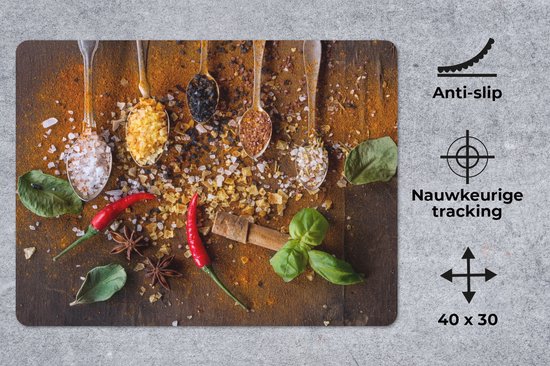 Muismat Groot - Lepels - Kruiden - Chilipeper - Specerijen - Zout - 40x30 cm - Mousepad - Muismat