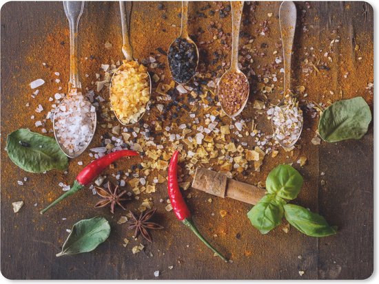 Muismat Groot - Lepels - Kruiden - Chilipeper - Specerijen - Zout - 40x30 cm - Mousepad - Muismat