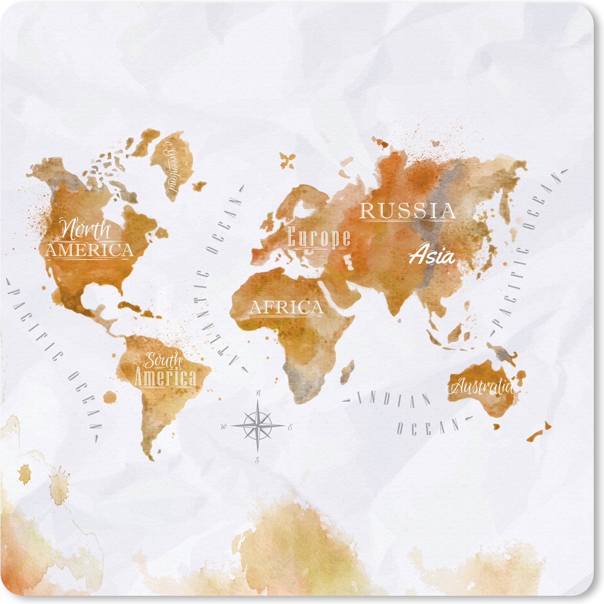 Muismat 30x30 cm - Mousepad Waterverf - Wereldkaarten - Goud - Muismatten