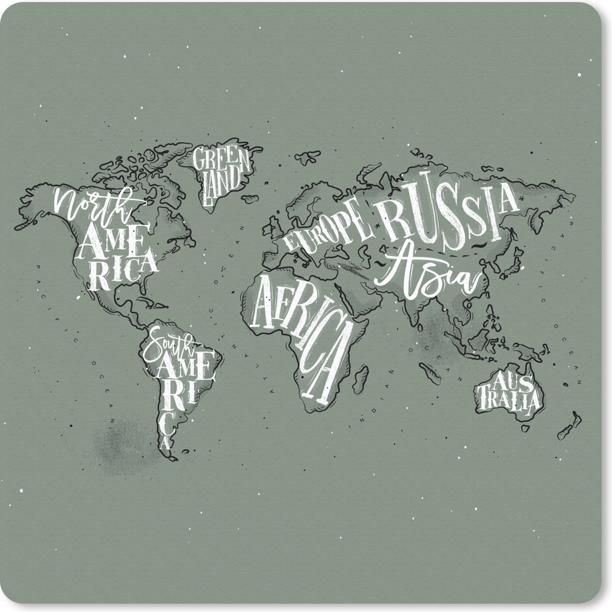 Muismat 30x30 cm - Mousepad Wereldkaart - Grijs - Wit - Letters - Muismatten