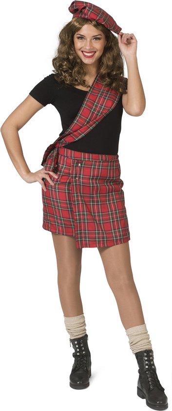 Funny Fashion - Landen Thema Kostuum - Stout Schoolmeisje Sheena Schotse Ruit - Vrouw - Rood - Maat 36-38 - Carnavalskleding - Verkleedkleding