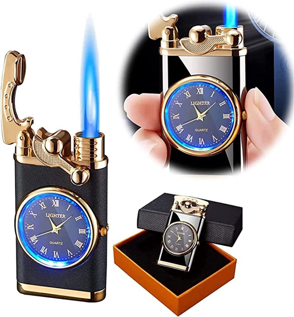 Goedkoopste Flametimer Exclusieve Matte Zwarte Aansteker Met Horloge, Winddichte Draagbare Kaars Aansteker for Kaars Koken BBQ, Vuurwerk, Zak Zaklamp Aansteker Met Geschenkdoos, Cool Gift
