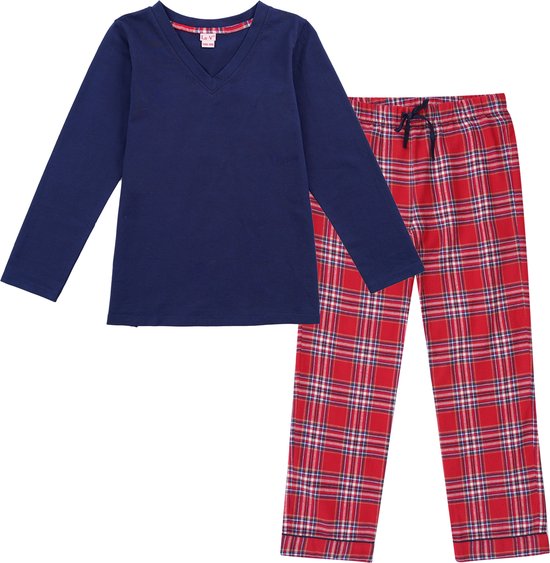 La-V pyjama set voor meisjes  met geruite flanel broek - Rood/Donkerblauw 170/176