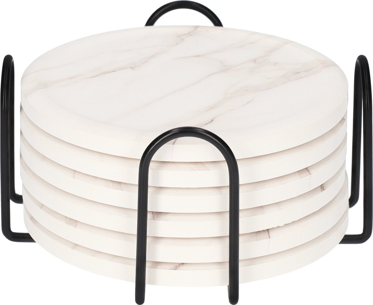 QUVIO Onderzetters - Set van 6 - Met houder - Voor glazen - Onderleggers - Marmerlook - Wit - Zwarte houder - Hout - Metaal - Diameter 10,5 cm — cadeau in Wonen & Interieur - foto 2