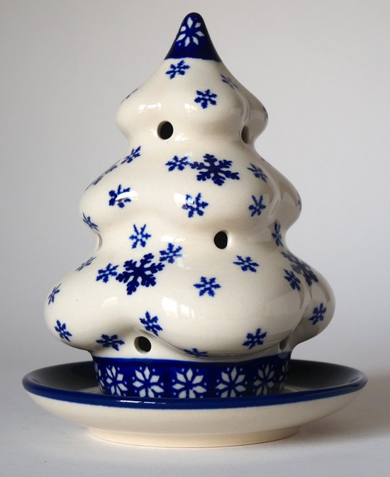 Bunzlau Kerstboom Waxinelichthouder - 16,2 cm - Blauwe sneeuwvlokken