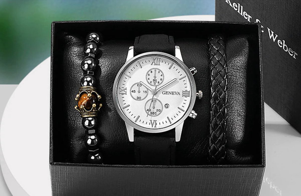 Fiory Horloge-Armband set | Keller Weber| 1 horloge zwart| 1 leren gevlochten armband zwart | 1 kralenarmband zwart