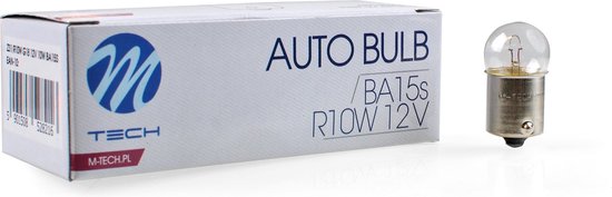 Doos met "AUTO BULB BA15s R10W 12V" en ernaast een koplampgloeilamp.