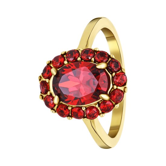 Lucardi Dames Stalen goldplated vintage ring met bloem rode zirkonia - Ring - Staal - Goudkleurig - 17 / 53 mm