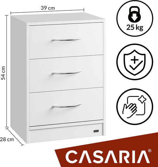 Witte ladekast van 54x39x28 cm met 3 laden en chromen handgrepen.