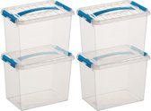 6x Sunware Q-Line opberg boxen/opbergdozen 9 liter 30 x 20 x 22 cm kunststof - Opslagbox - Opbergbak kunststof transparant/blauw