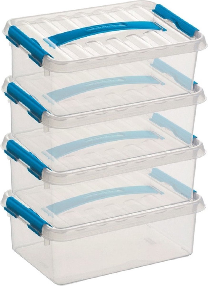 6x sunware q-line opberg box/opbergdoos - 4 liter - 30 x 20 x 10 cm - kunststof - opslagbox - transparant/blauw