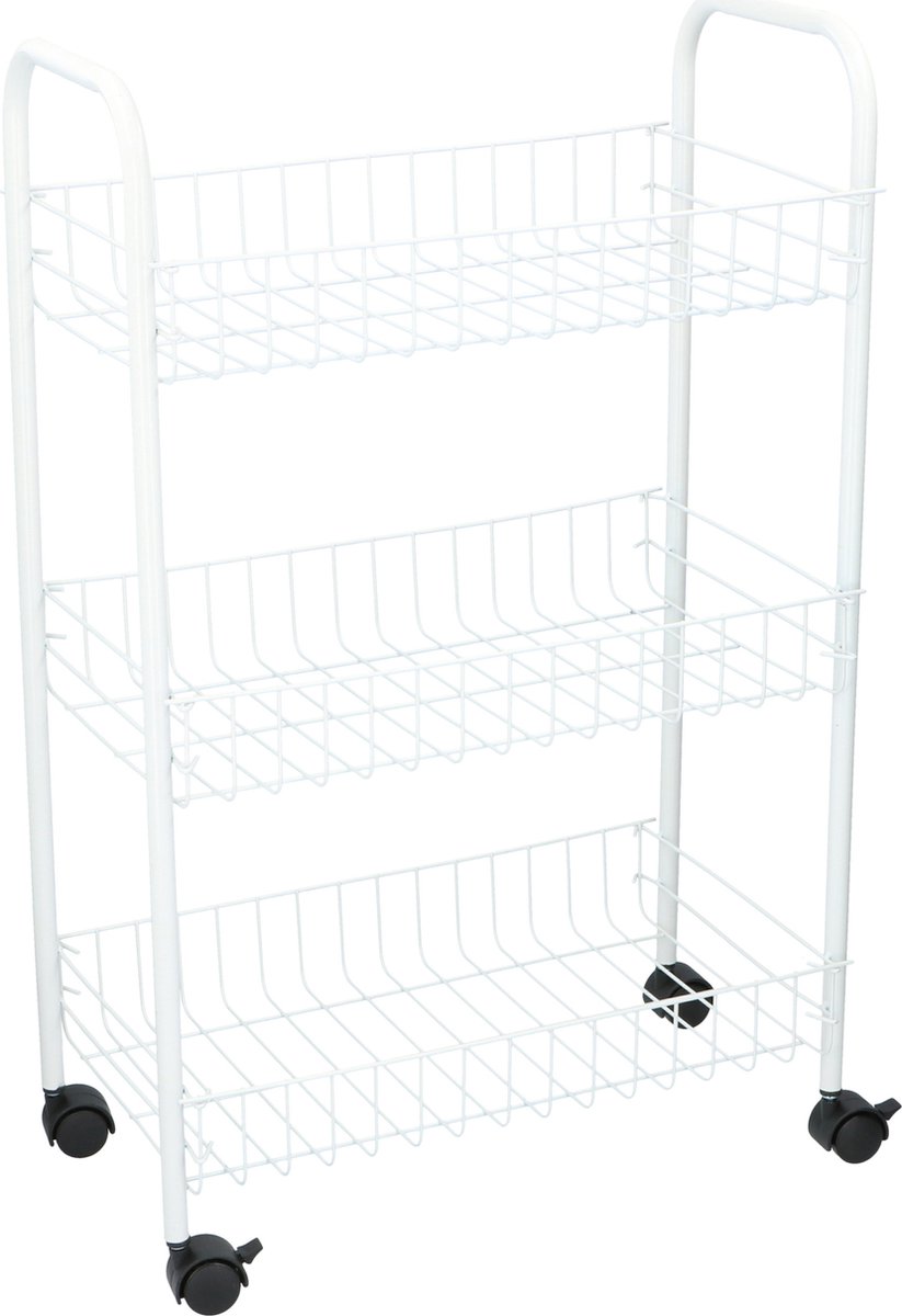 Witte stevige opberg trolley/roltafel met 3 manden 60 cm - Etagewagentje/karretje met opbergkratten